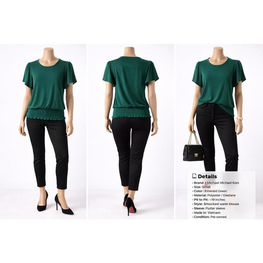 Michael Kors Women’s Green Blouse Size S Flutter Sleeve Smocked Waist Stretch Ca - Picture 1 of 9